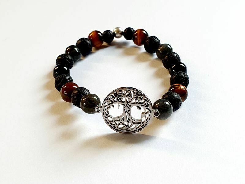Bracelet labradorite, œil de tigre et tourmaline noire 8 mm