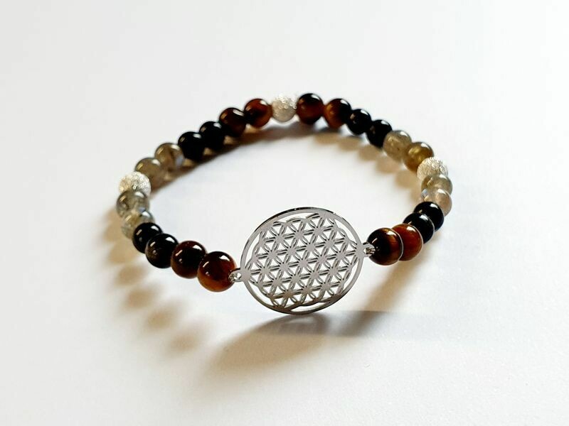 Bracelet labradorite, œil de tigre et tourmaline noire 6 mm