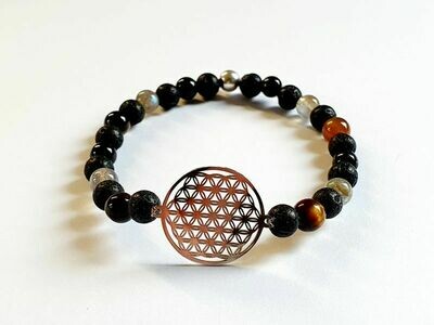 Bracelet labradorite, œil de tigre et tourmaline noire 6 mm
