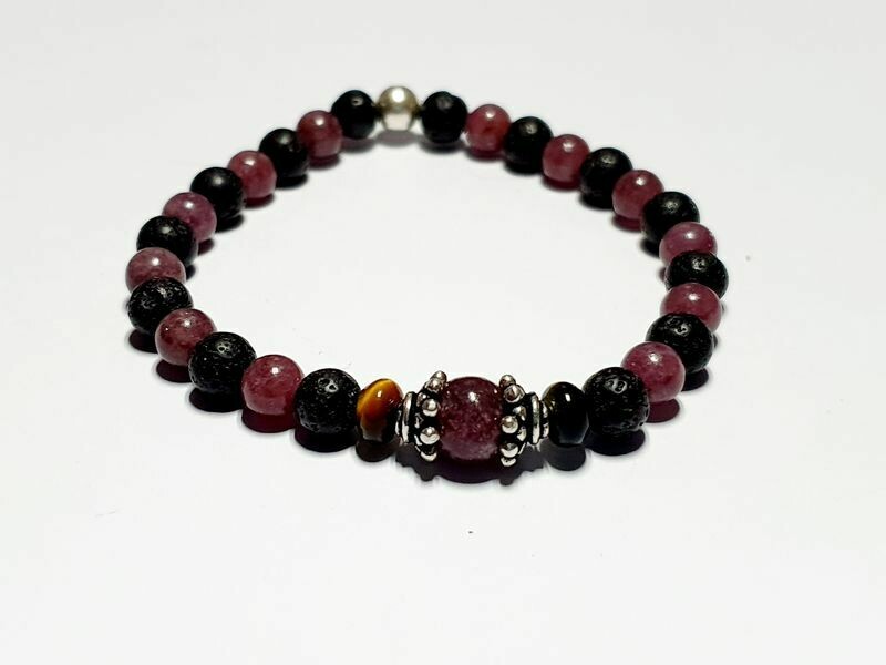 Bracelet Perles œil De Tigre Rouge Et Lépidolite 8 Mm - Fabriqué à La Main, Neuf Avec étiquettes