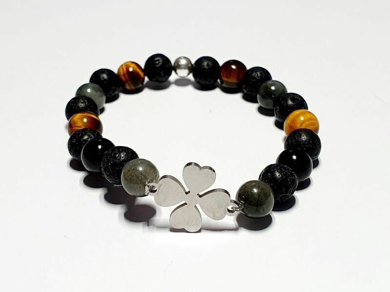 Bracelet labradorite, œil de tigre et tourmaline noire 8 mm