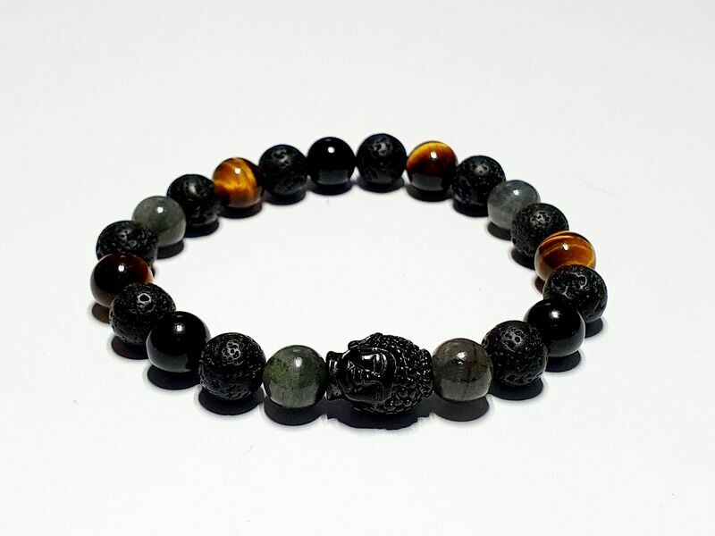 Bracelet labradorite, œil de tigre et tourmaline noire 8 mm