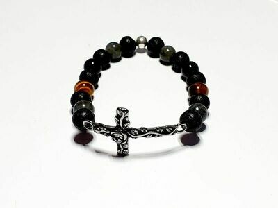 Bracelet labradorite, œil de tigre et tourmaline noire 8 mm