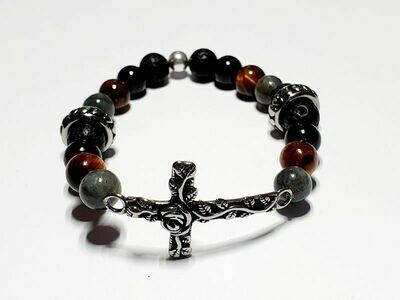 Bracelet labradorite, œil de tigre et tourmaline noire 8 mm