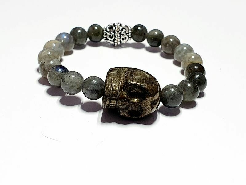 Bracelet labradorite 8 mm et crâne de pyrite
