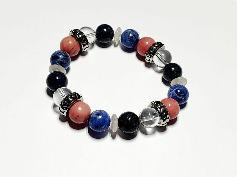 Bracelet Quartz rose, Sodalite, Cristal de roche et dumortiérite 10 mm