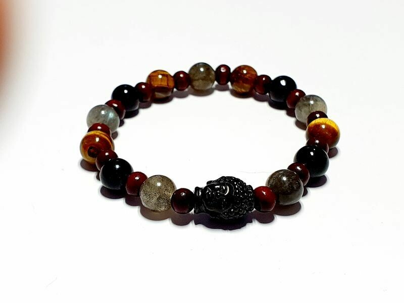 Bracelet labradorite, œil de tigre et tourmaline noire 8 mm