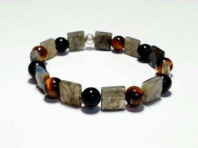 Bracelet labradorite, œil de tigre et tourmaline noire 8 mm