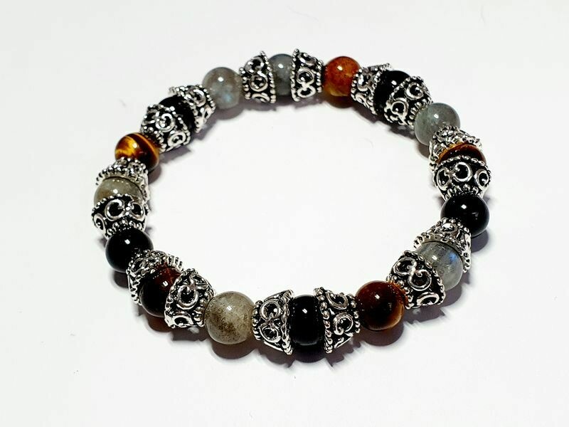 Bracelet labradorite, œil de tigre et tourmaline noire 8 mm