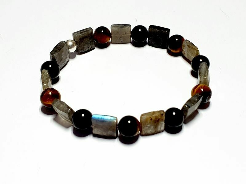 Bracelet labradorite, œil de tigre et tourmaline noire 8 mm