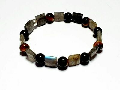 Bracelet labradorite, œil de tigre et tourmaline noire 8 mm