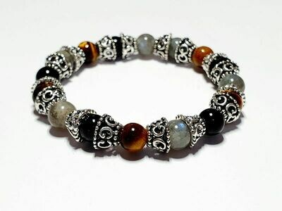 Bracelet labradorite, œil de tigre et tourmaline noire 8 mm
