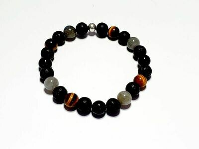 Bracelet labradorite, œil de tigre et tourmaline noire 8 mm