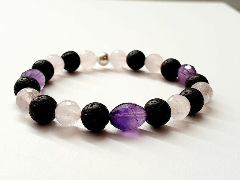 Bracelet Quartz rose facettée 8 mm et Améthyste ovale