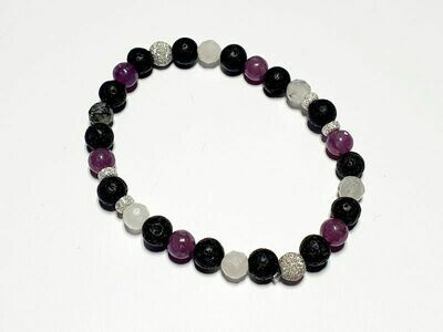 Bracelet Quartz inclusion tourmaline facettée et lépidolite 6 mm