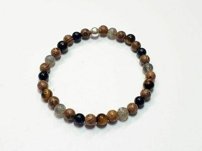 Bracelet labradorite, œil de tigre et tourmaline noire 6 mm