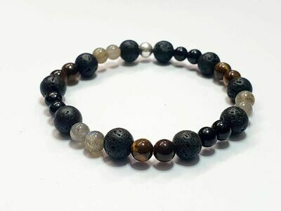 Bracelet labradorite, œil de tigre et tourmaline noire 6 mm