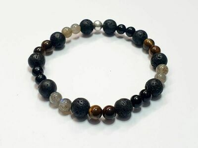 Bracelet labradorite, œil de tigre et tourmaline noire 6 mm