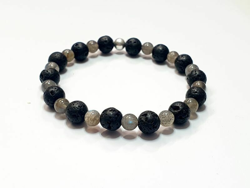 Bracelet Labradorite 6 mm et Pierre de Lave 10 mm