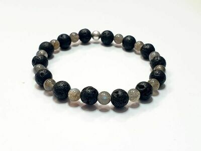 Bracelet Labradorite 6 mm et Pierre de Lave 10 mm