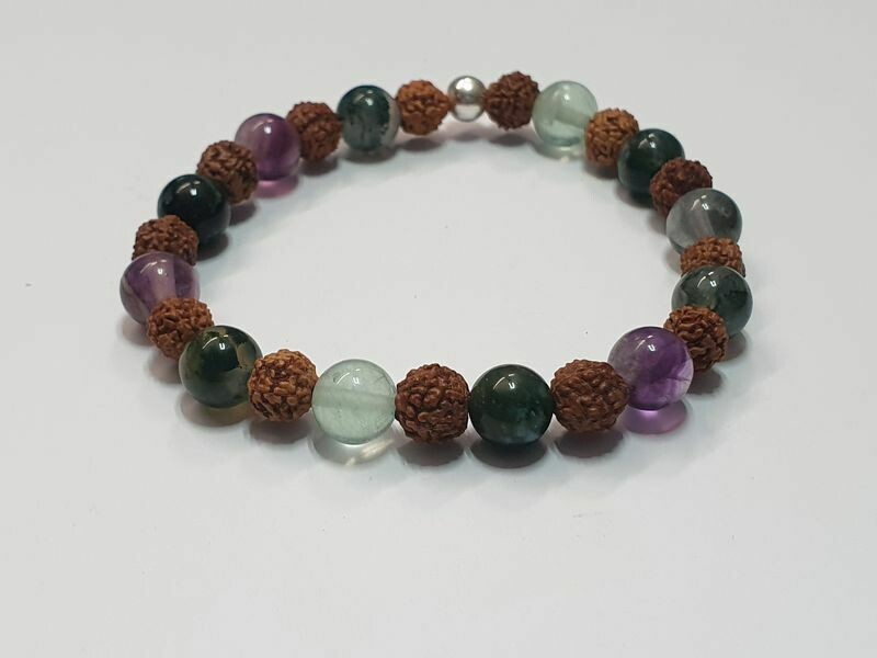 Bracelet Agate Mousse, Fluorite et Rudraksha 8 mm