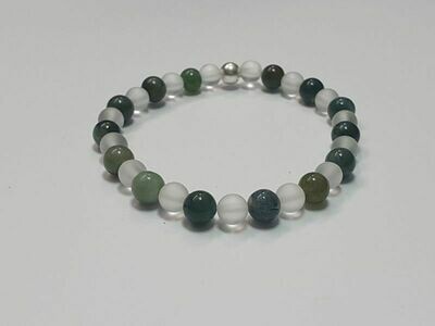 Bracelet Agate mousse et Cristal de roche mat 6 mm