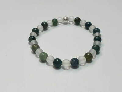 Bracelet Agate mousse et Cristal de roche mat 6 mm