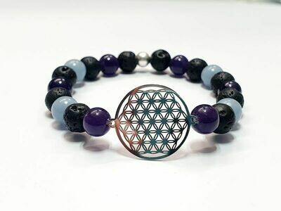 Bracelet Angélite, Améthyste et Pierre de lave 8 mm