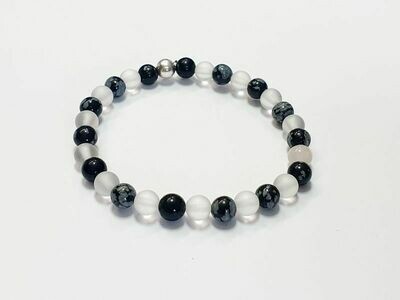 Bracelet Obsidienne flocon de neige et Cristal de roche Mat 6 mm