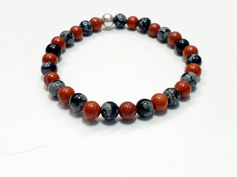 Bracelet Obsidienne Flocon de neige et Jaspe rouge 6 mm