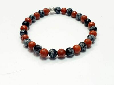 Bracelet Obsidienne Flocon de neige et Jaspe rouge 6 mm