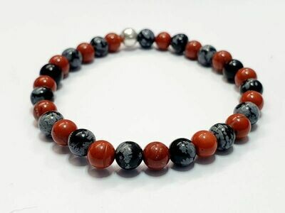Bracelet Obsidienne Flocon de neige et Jaspe rouge 6 mm