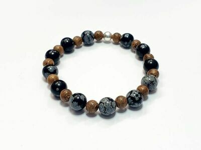Bracelet Mala en bois et Obsidienne flocon de neige 8 mm