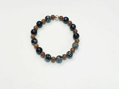 Bracelet Mala en bois et Obsidienne flocon de neige 8 mm