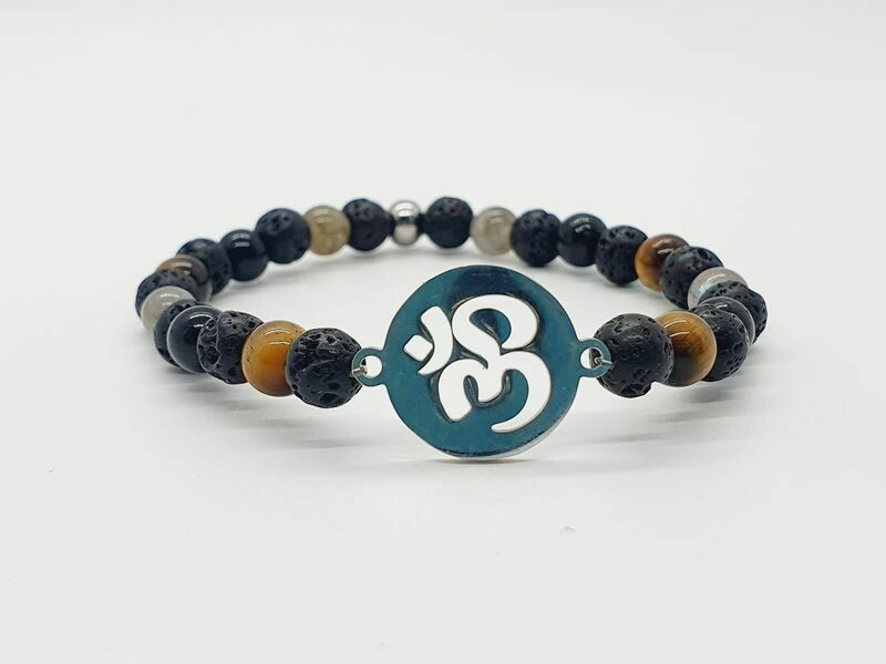 Bracelet œil de tigre, labradorite, tourmaline, et pierre de lave 6 mm