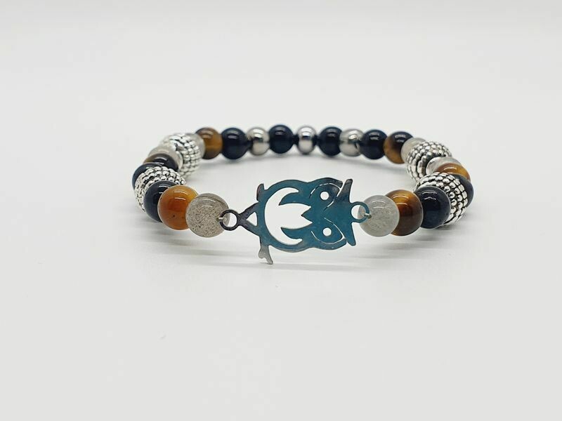 Bracelet labradorite, œil de tigre et tourmaline noire 6 mm