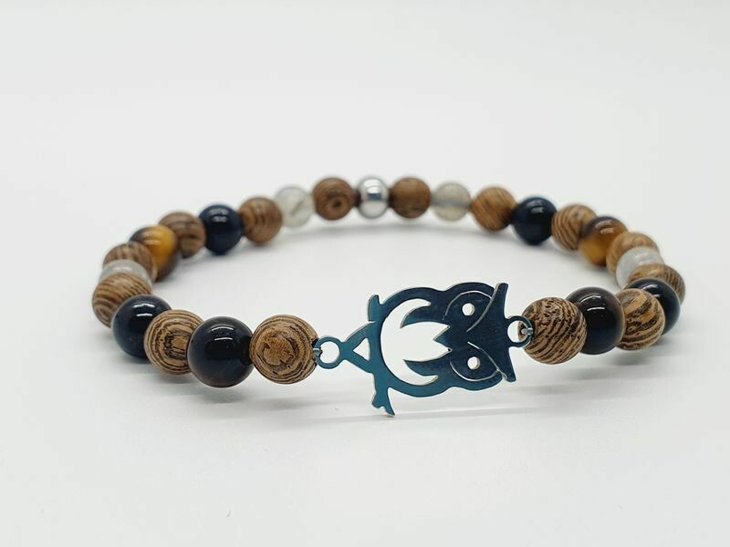 Bracelet labradorite, œil de tigre et tourmaline noire 6 mm