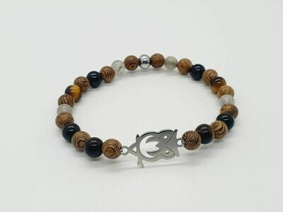 Bracelet labradorite, œil de tigre et tourmaline noire 6 mm