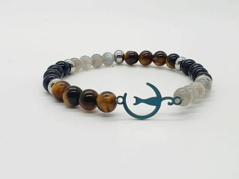 Bracelet labradorite, œil de tigre et tourmaline noire 6 mm
