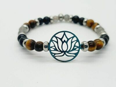Bracelet labradorite, œil de tigre et tourmaline noire 6 mm