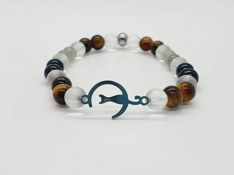 Bracelet labradorite, œil de tigre et tourmaline noire 6 mm