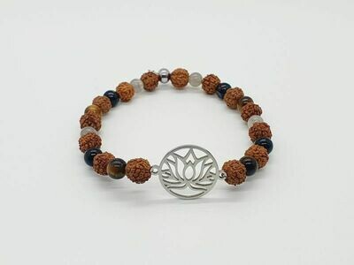 Bracelet labradorite, œil de tigre, tourmaline noire et rudraskha, 6 mm