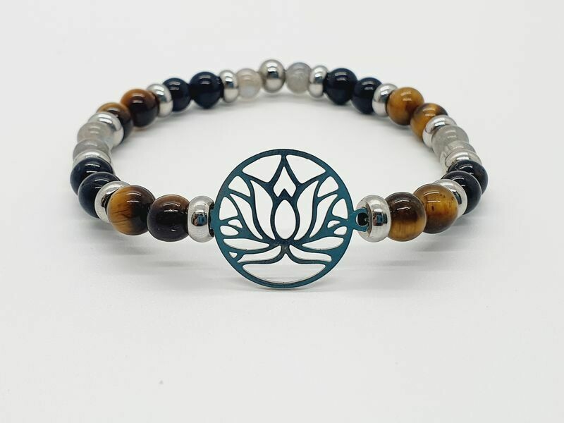 Bracelet labradorite, œil de tigre et tourmaline noire 6 mm