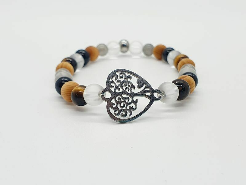 Bracelet labradorite, œil de tigre et tourmaline noire, mala cèdre, cristal de roche 6 mm