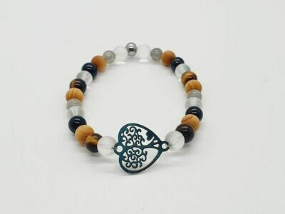 Bracelet labradorite, œil de tigre et tourmaline noire, mala cèdre, cristal de roche 6 mm