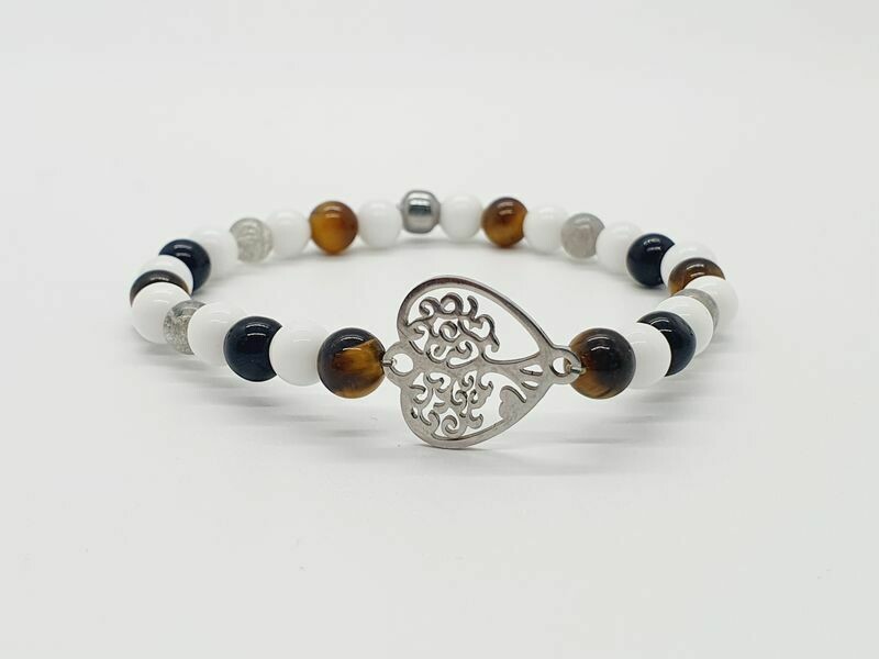 Bracelet labradorite, œil de tigre, tourmaline noire et céramique blanche 6 mm