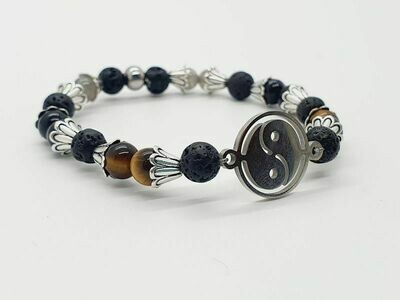 Bracelet labradorite, œil de tigre, tourmaline noire et pierre de lave 6 mm