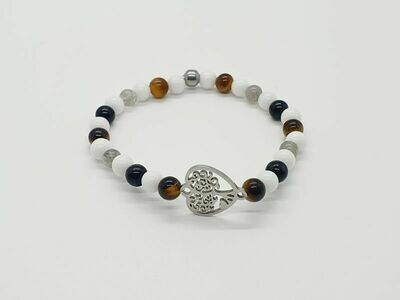 Bracelet labradorite, œil de tigre, tourmaline noire et céramique blanche 6 mm