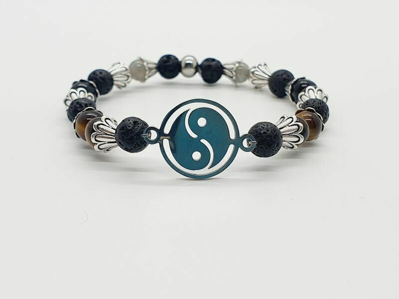 Bracelet labradorite, œil de tigre, tourmaline noire et pierre de lave 6 mm