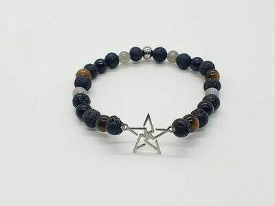 Bracelet labradorite, œil de tigre, tourmaline noire et pierre de lave 6 mm